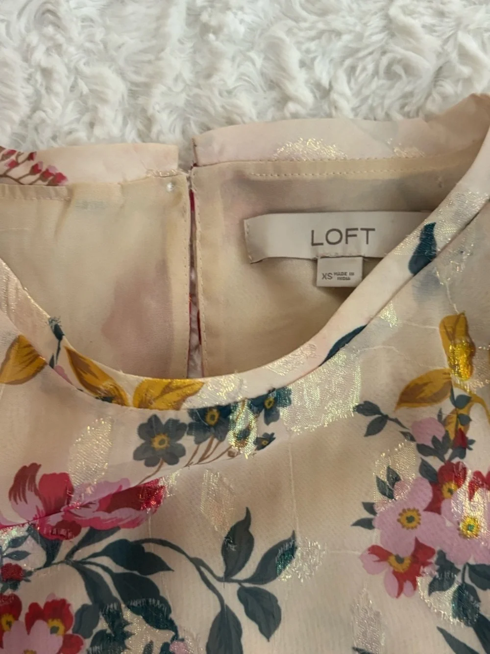 LOFT Cream Sheer Floral Blouse with Pink & Gold Accents